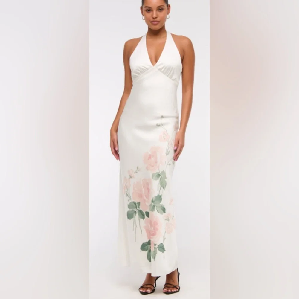 A&F Julia Slip Halter Maxi Dress: White Satin w/ Pale Pink Flowers/Size Petite L